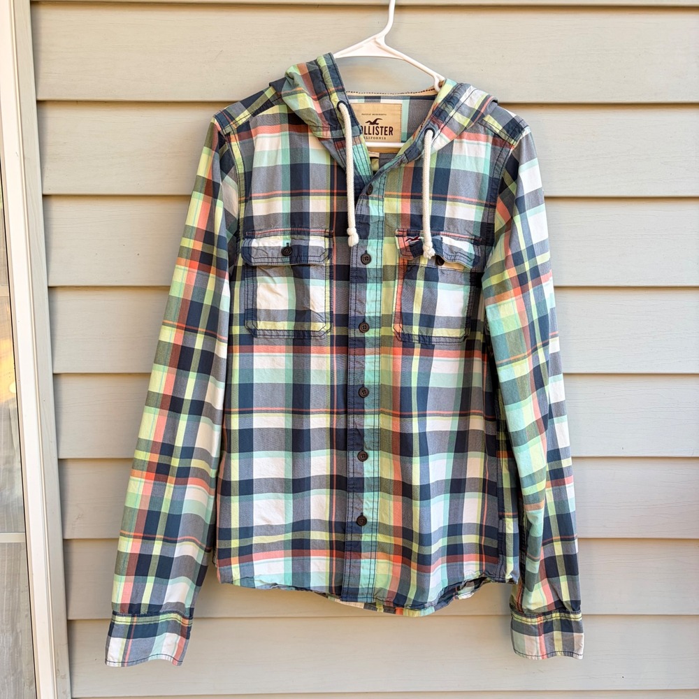 Hollister Mens Hooded Plaid Button Down Shirt Shacket Large Long Sleeve